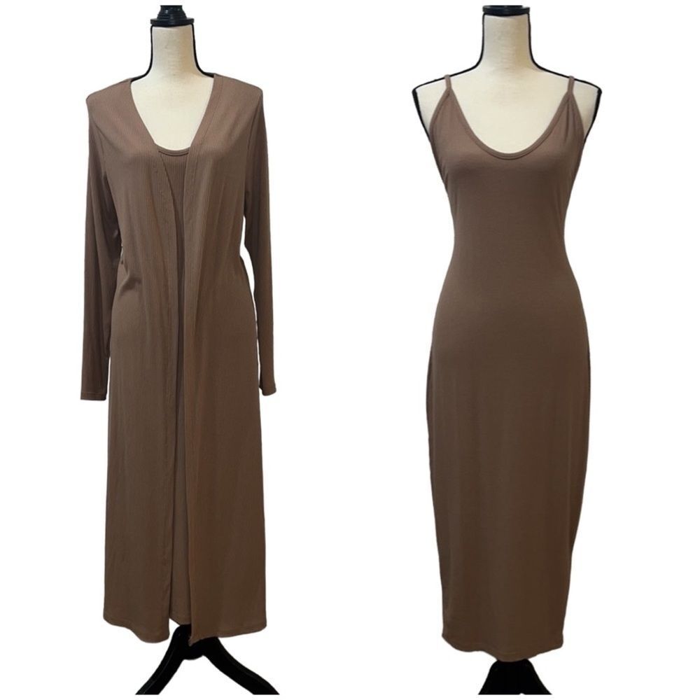 FTF Ribbed Knit Midi Dress & Cardigan Set